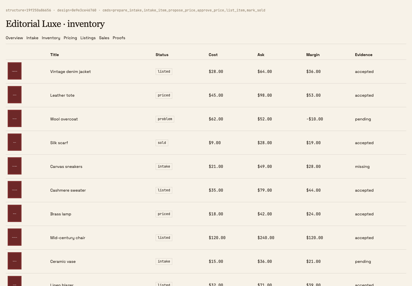 Resale OS · Editorial Luxe — real browser capture
